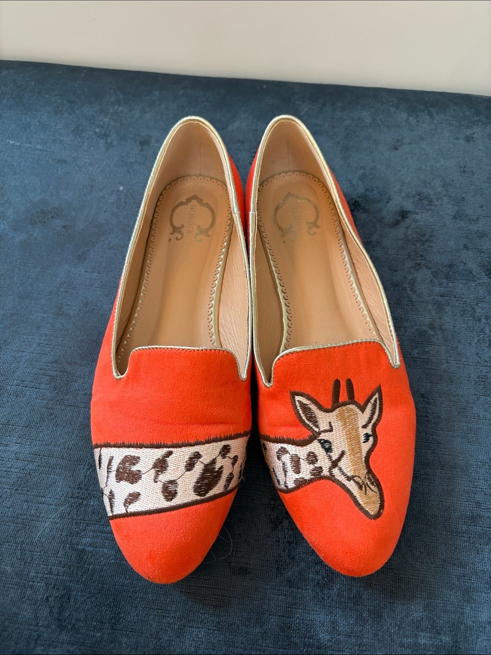 Women’s Orange Embroidered Giraffe Slip-On Loafers